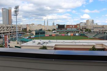 Rooftop lounge with view of parkview field